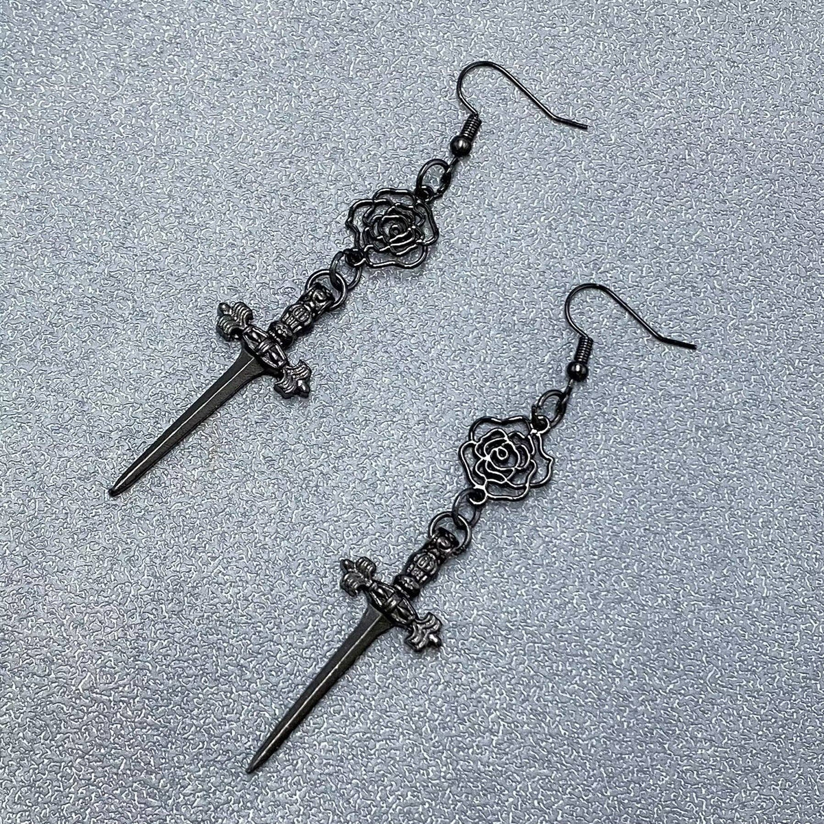 Black Rose Dagger Dangle Earrings