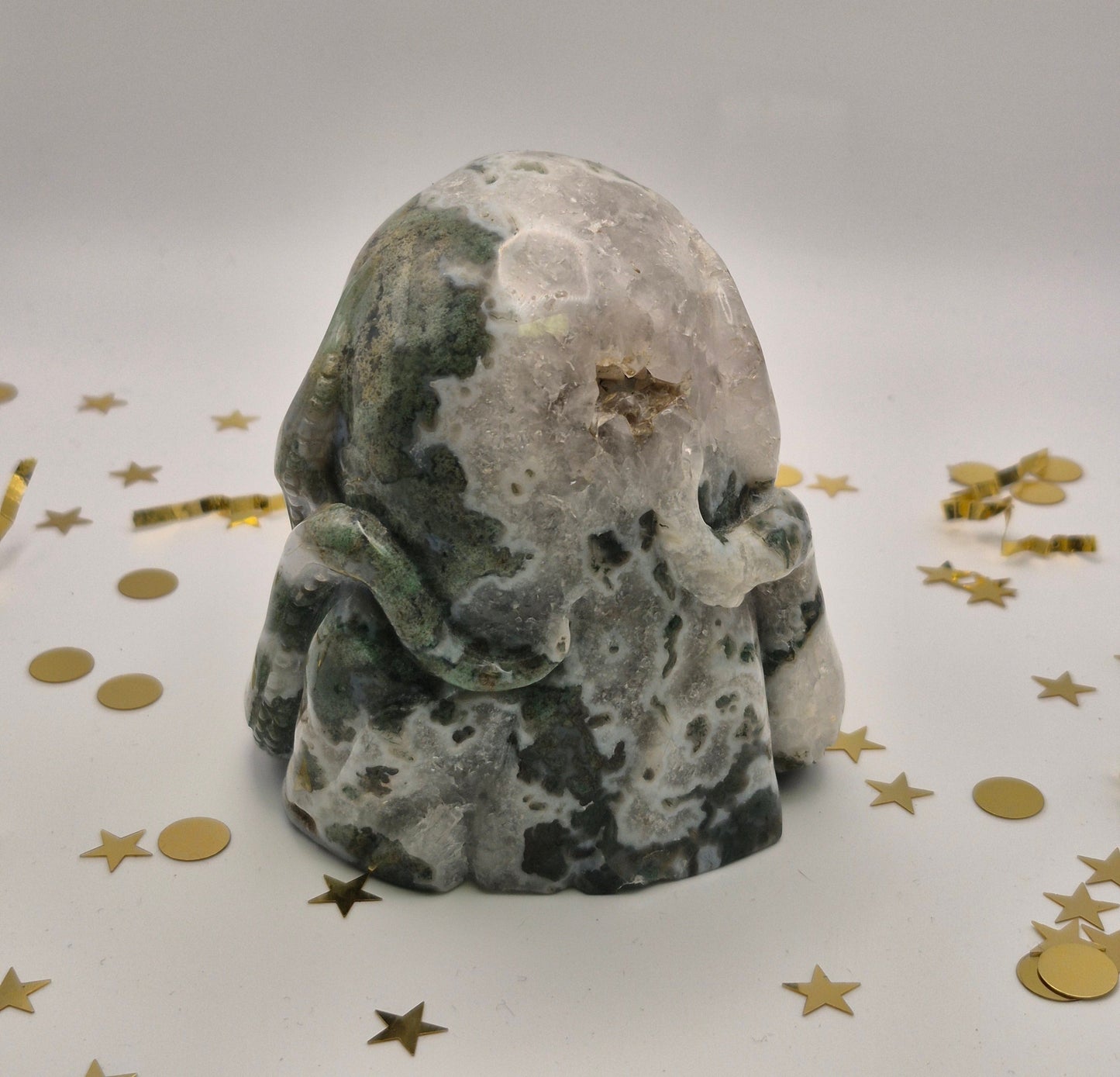 Quartz and Moss Agate Skull with Tentacles