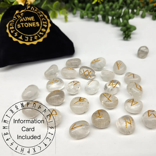 Clear Quartz Rune Sets with Velvet and Grid