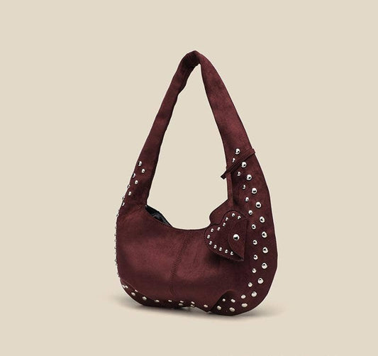 Retro Studded Suede Shoulder Bag - Claret