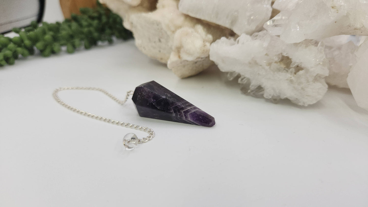 Chevron Amethyst Pendulum w/Silver Plated Chain