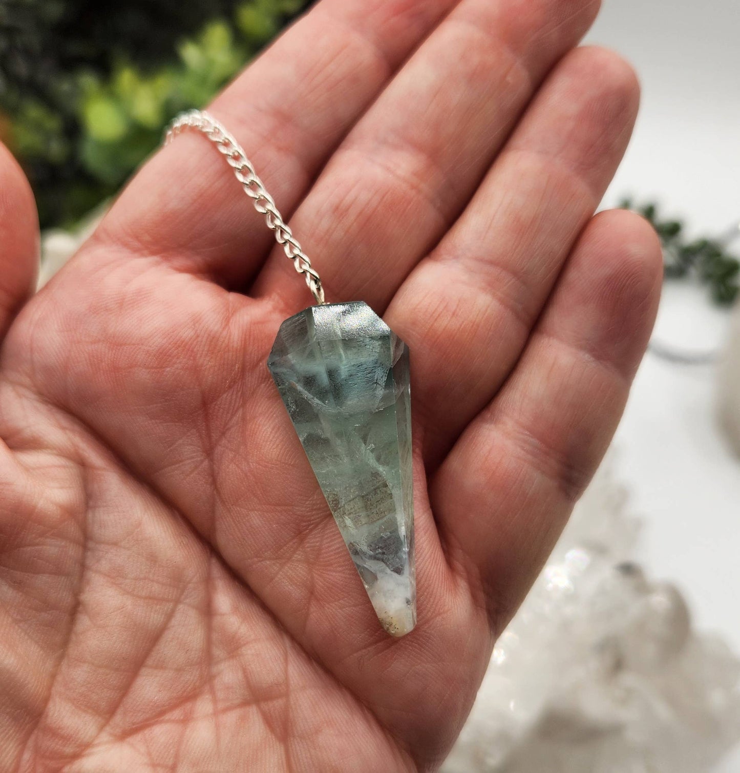 Rainbow Fluorite Pendulum w/Silver Plated Chain