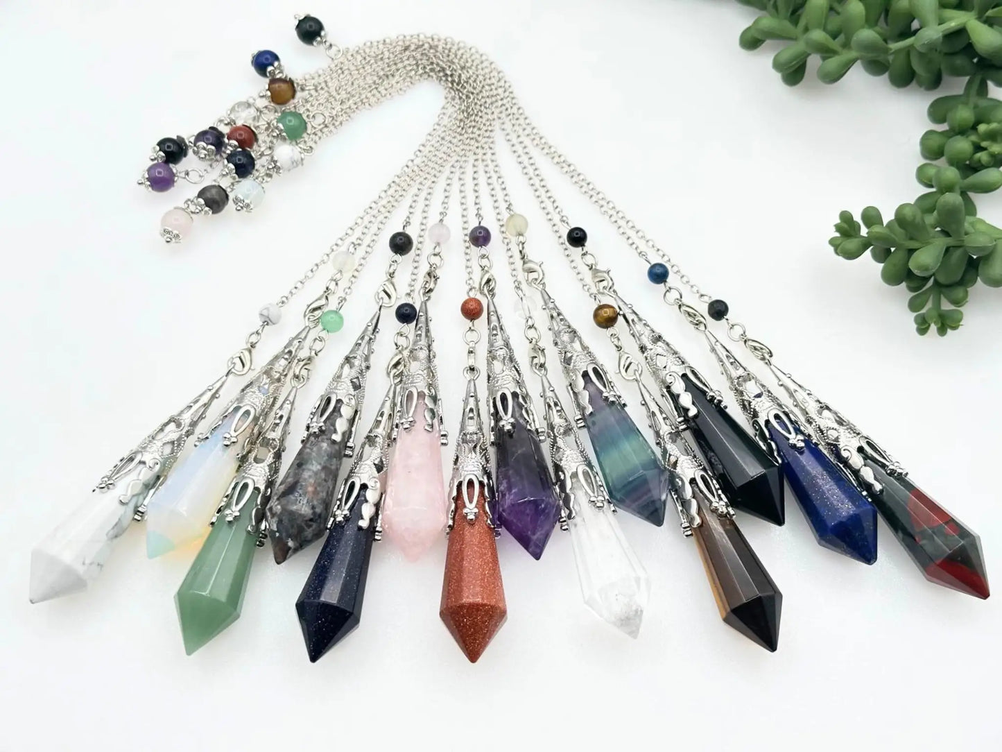 Rainbow Fluorite Gemstone Art Deco Silver Color Pendulum