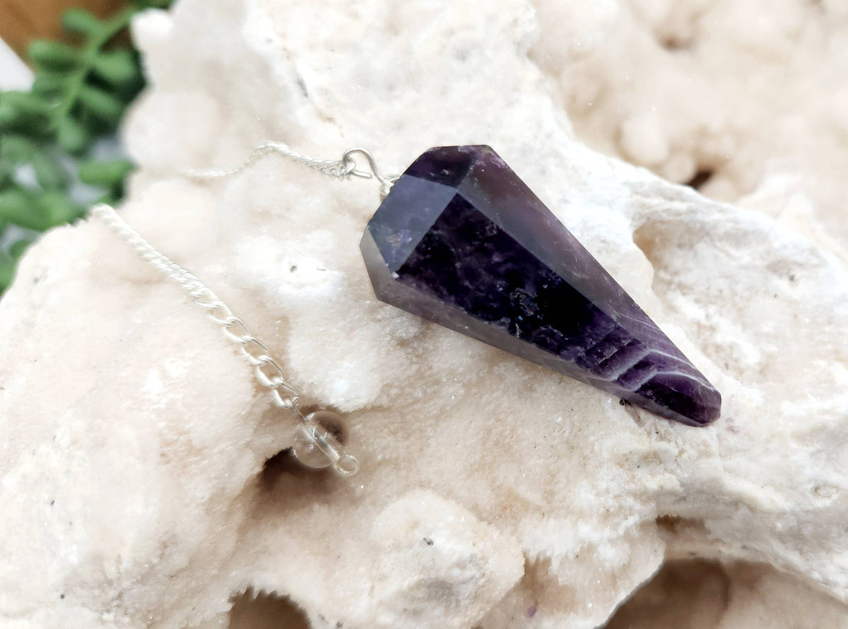 Chevron Amethyst Pendulum w/Silver Plated Chain