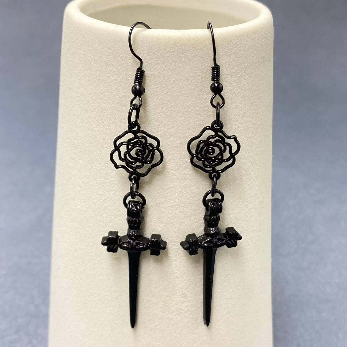 Black Rose Dagger Dangle Earrings