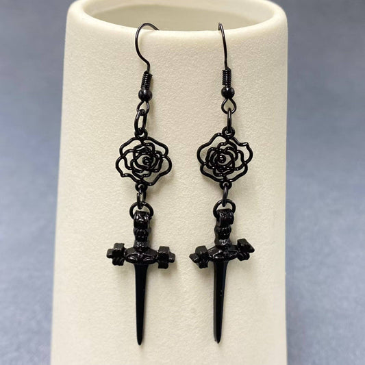 Black Rose Dagger Dangle Earrings