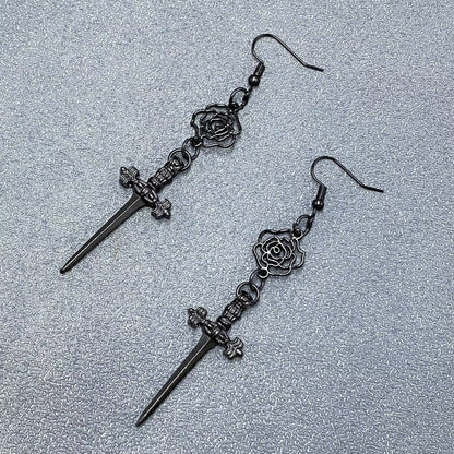 Black Rose Dagger Dangle Earrings