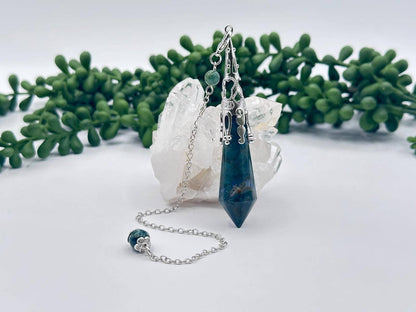 Moss Agate Gemstone Art Deco Silver Color Pendulum