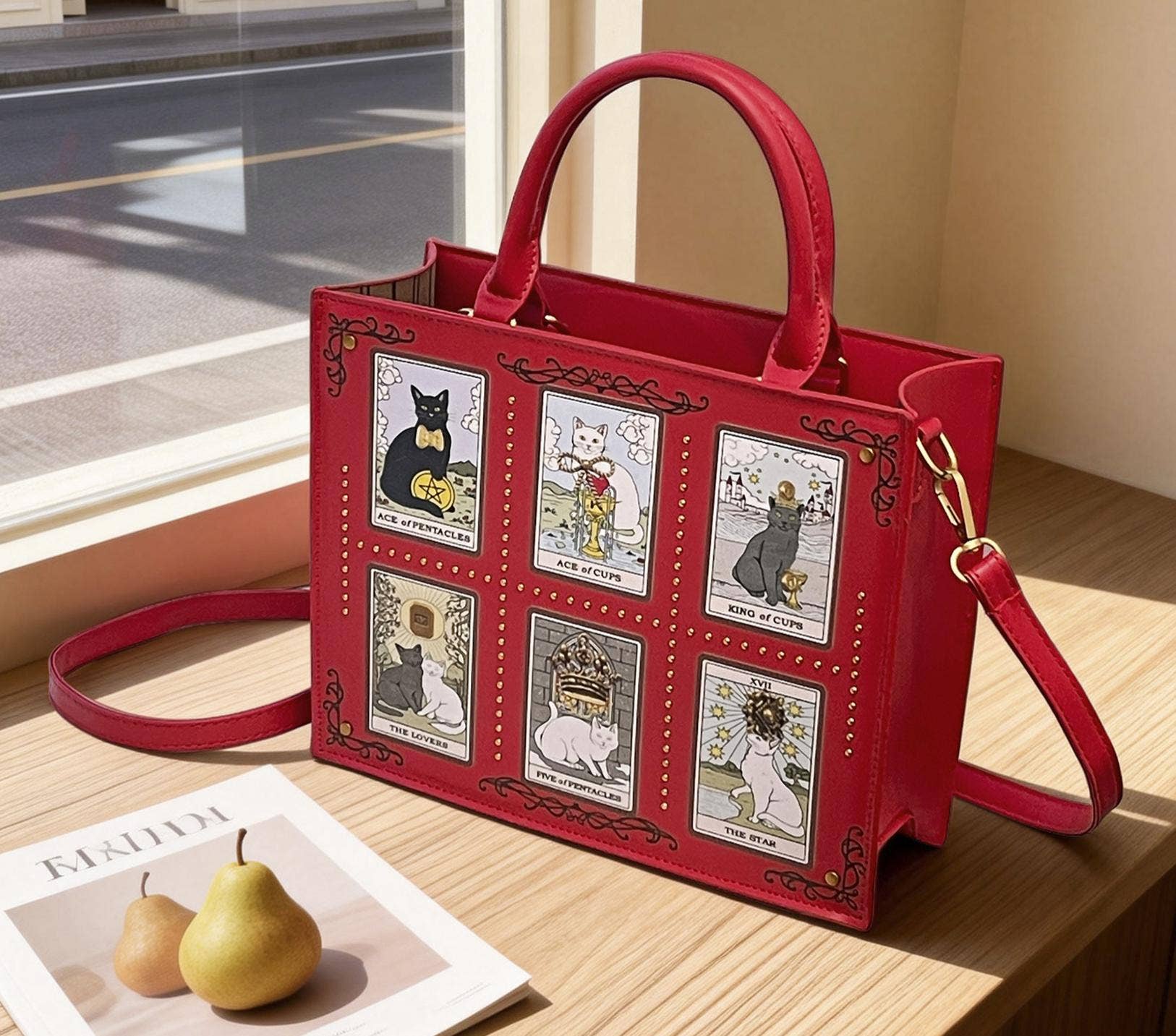 Tarot Card Print Handbag Halloween Witchy Cat Tote Crossbody