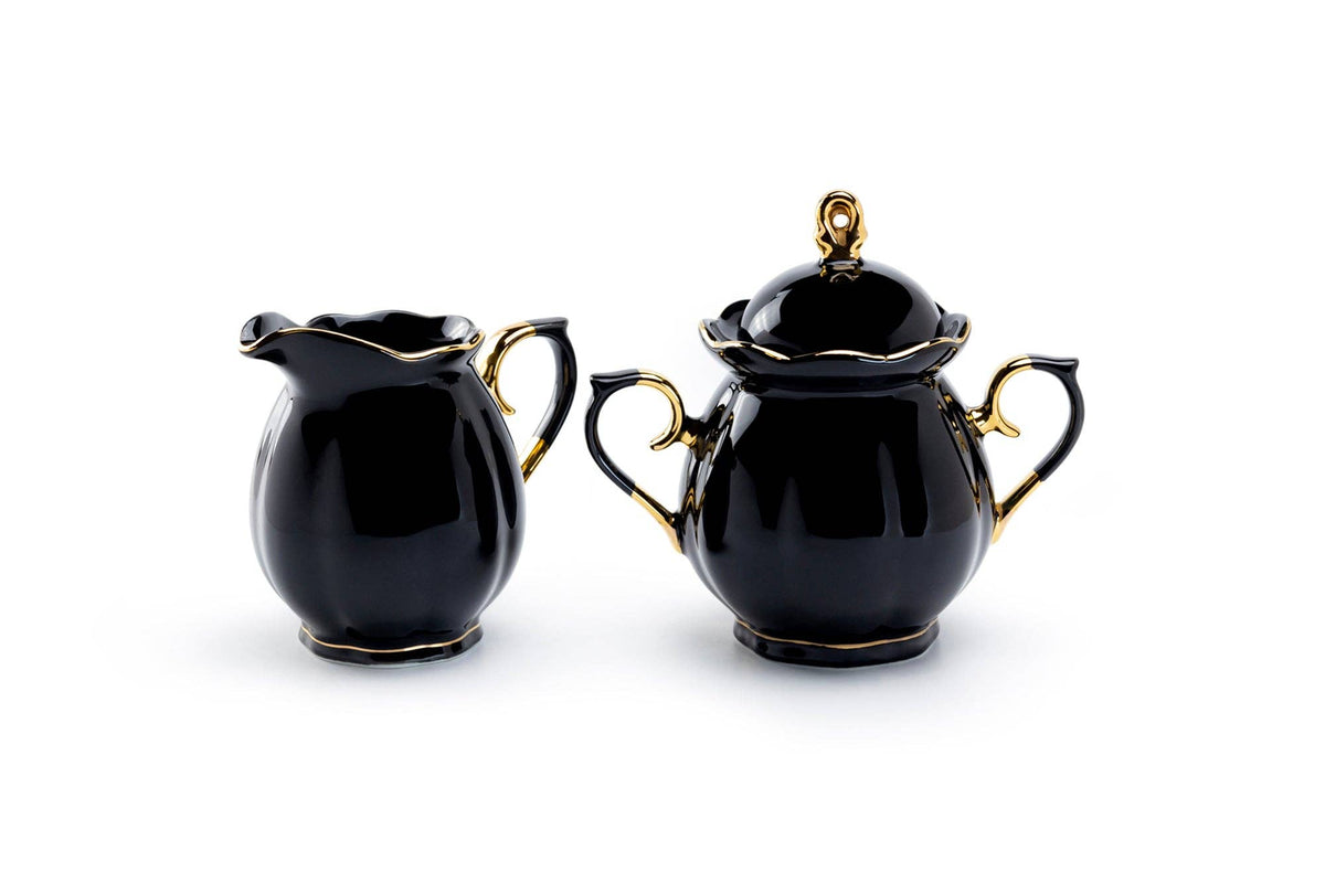 Black & Gold Scallop Porcelain Sugar and Creamer Set