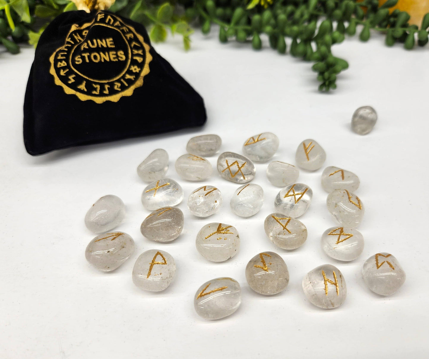 Clear Quartz Rune Sets with Velvet and Grid