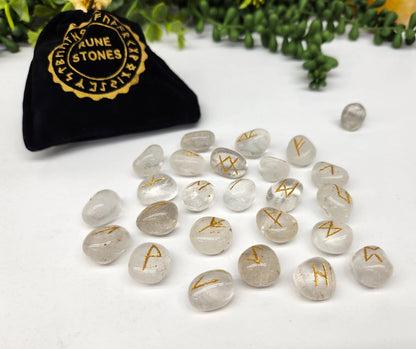 Clear Quartz Rune Sets with Velvet and Grid