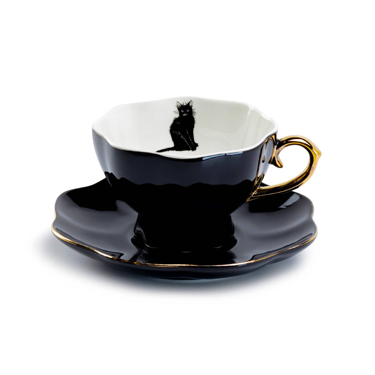 Black Cat Black & Gold Tea Cup and Saucer