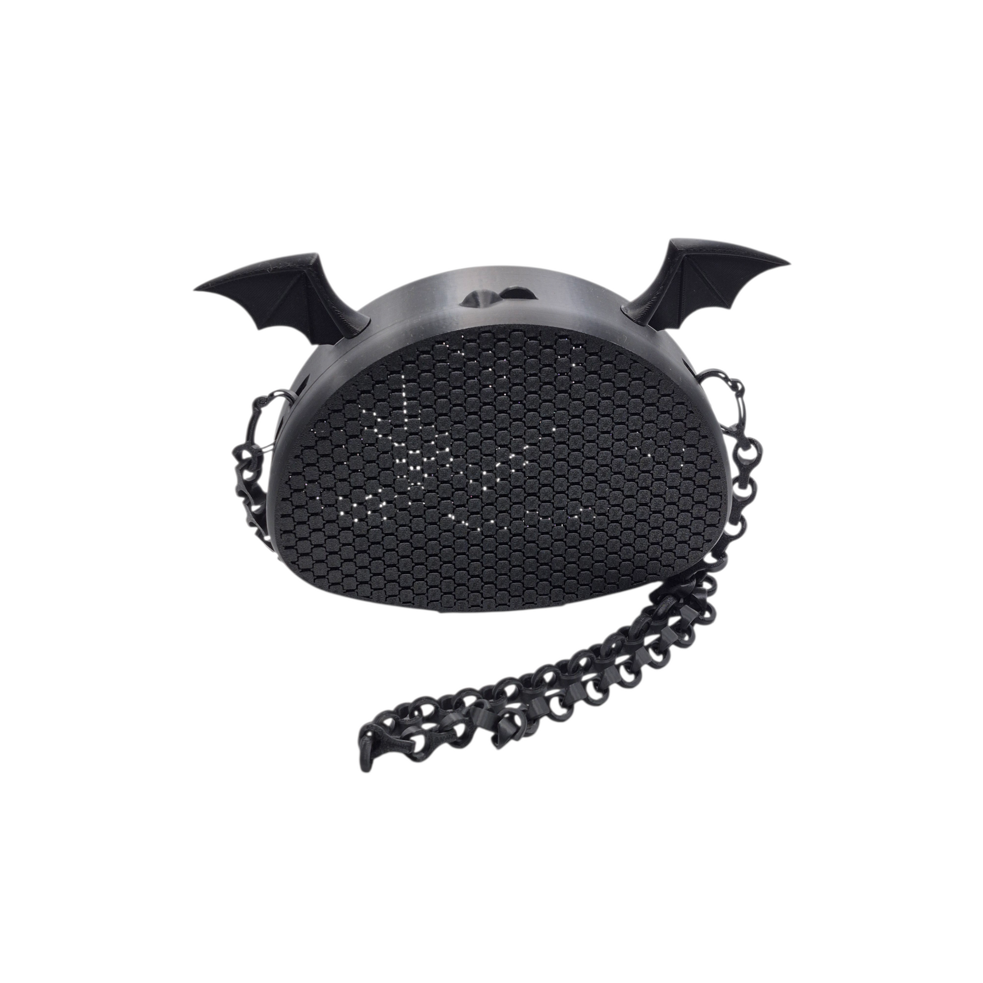 Black decorative handbag with bat wings and chain on a white background