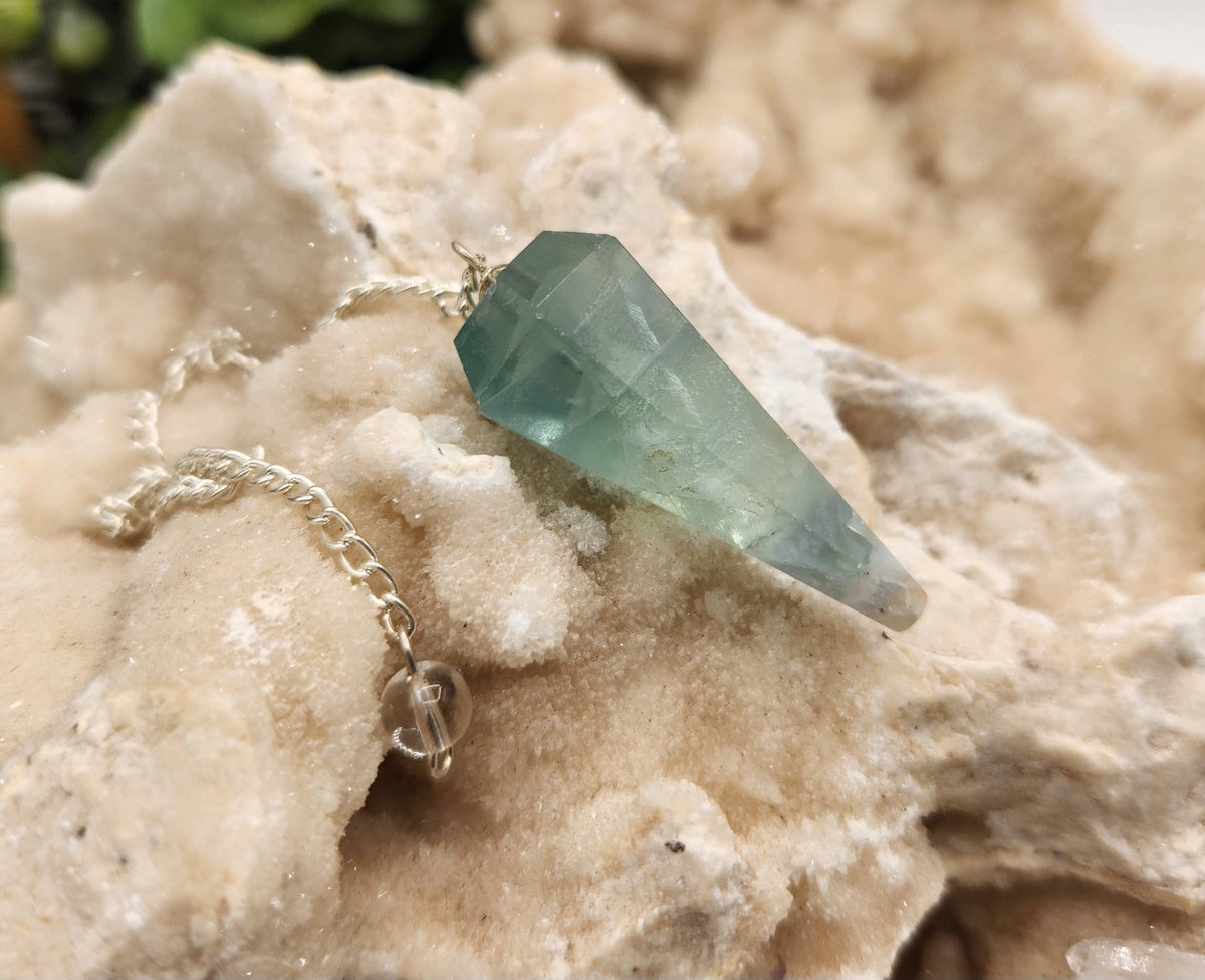 Rainbow Fluorite Pendulum w/Silver Plated Chain
