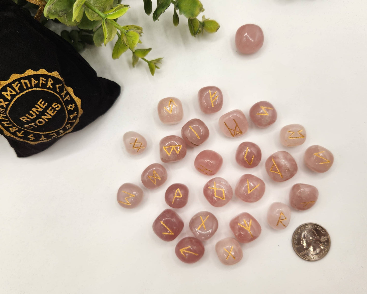 Rose Quartz Rune Sets with Velvet Pouch and Grid