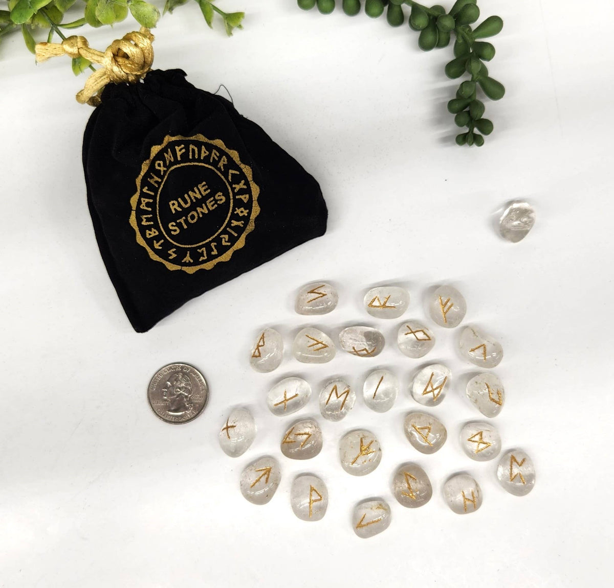 Clear Quartz Rune Sets with Velvet and Grid