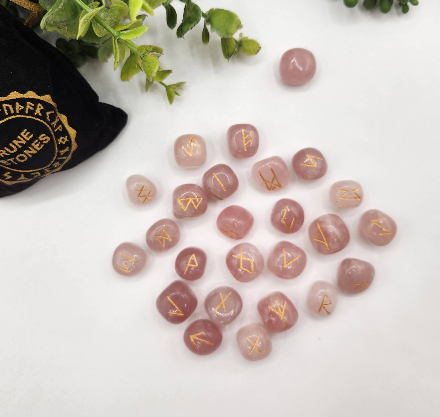 Rose Quartz Rune Sets with Velvet Pouch and Grid