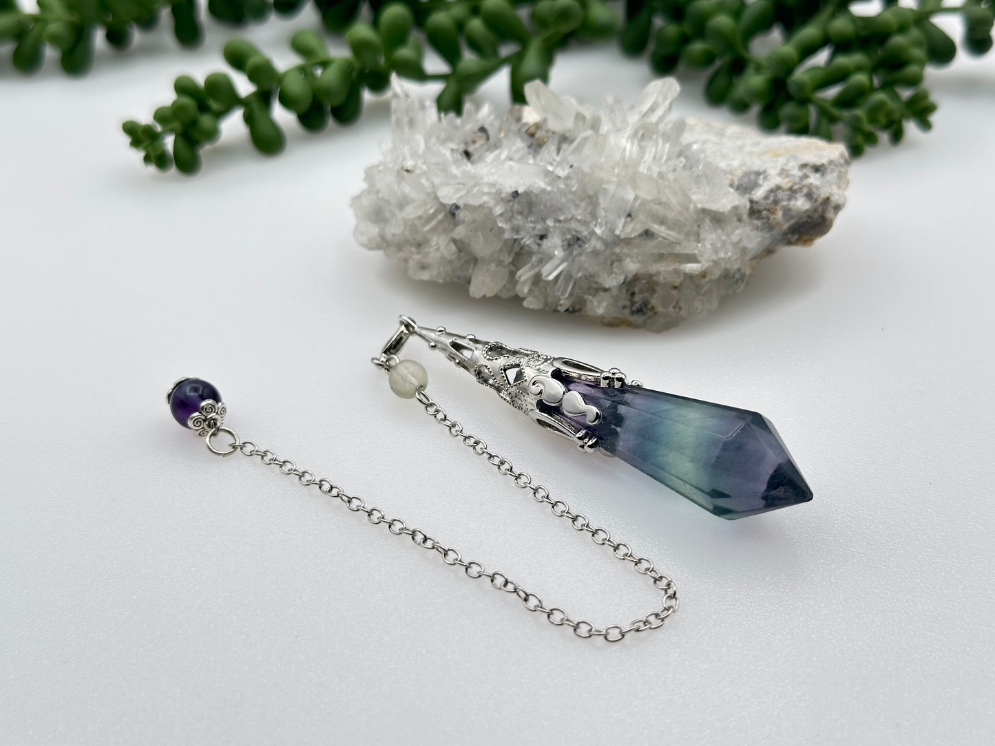 Rainbow Fluorite Gemstone Art Deco Silver Color Pendulum