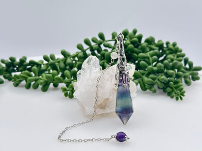 Rainbow Fluorite Gemstone Art Deco Silver Color Pendulum