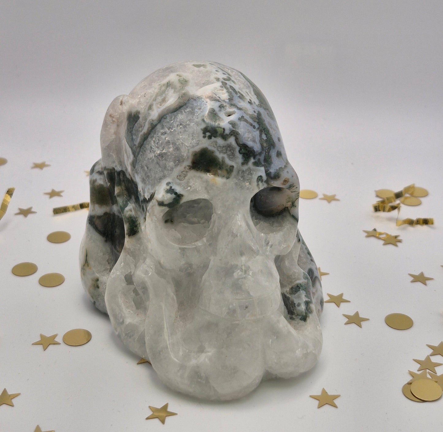 Quartz and Moss Agate Skull with Tentacles