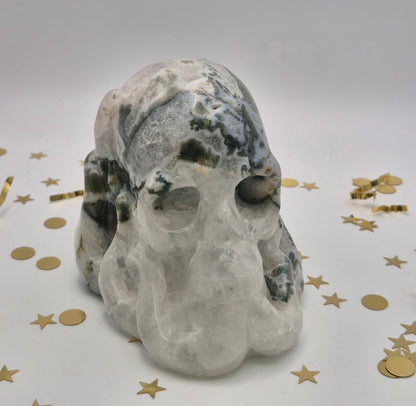 Quartz and Moss Agate Skull with Tentacles