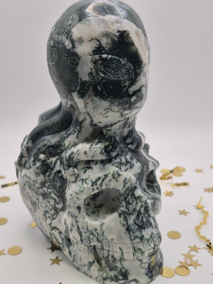 Moss Agate Octopus on Skull