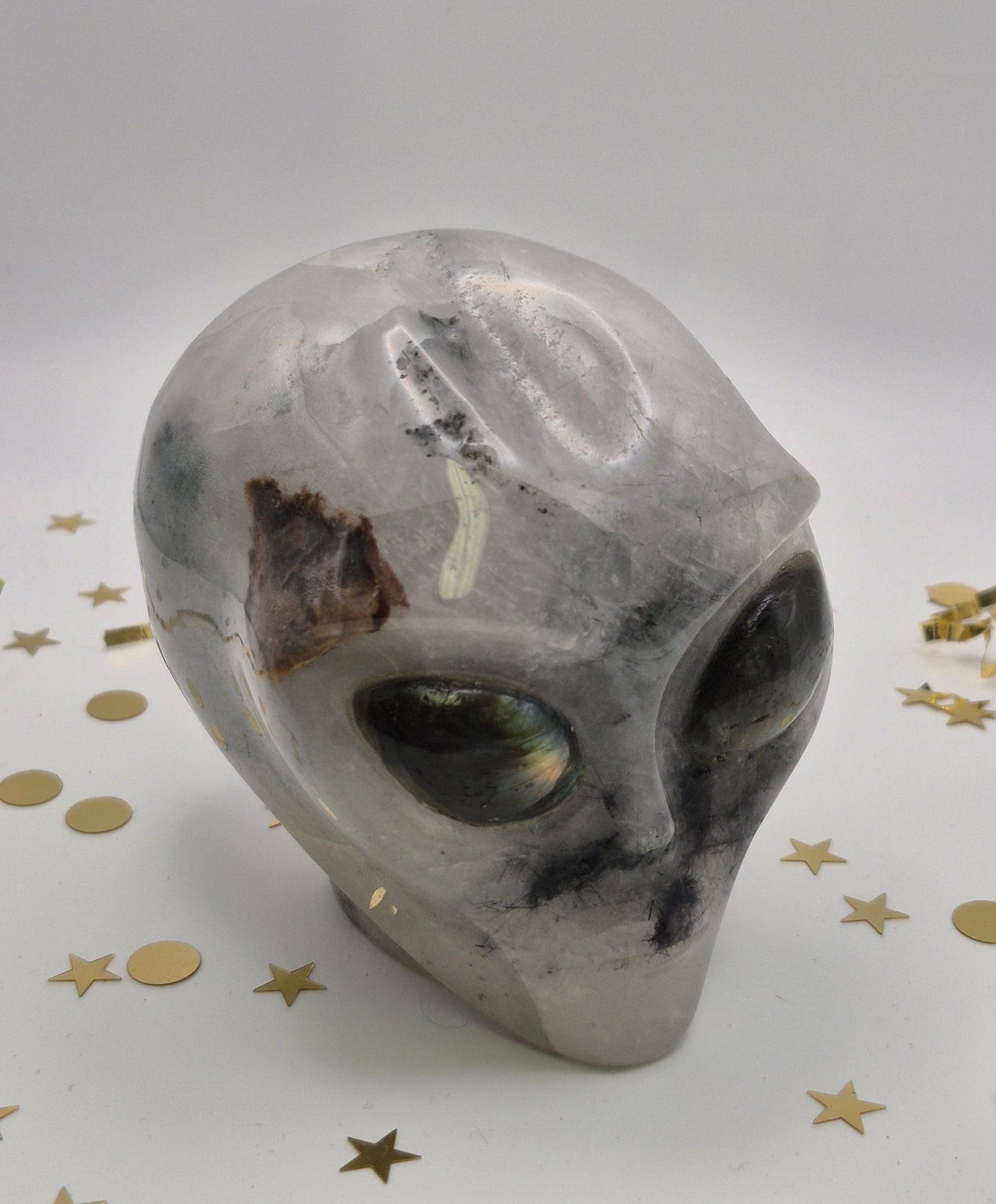 Quartz Alien Skull with Labradorite Eyes