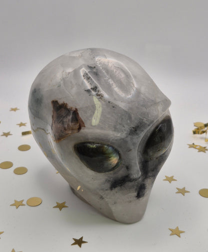 Quartz Alien Skull with Labradorite Eyes