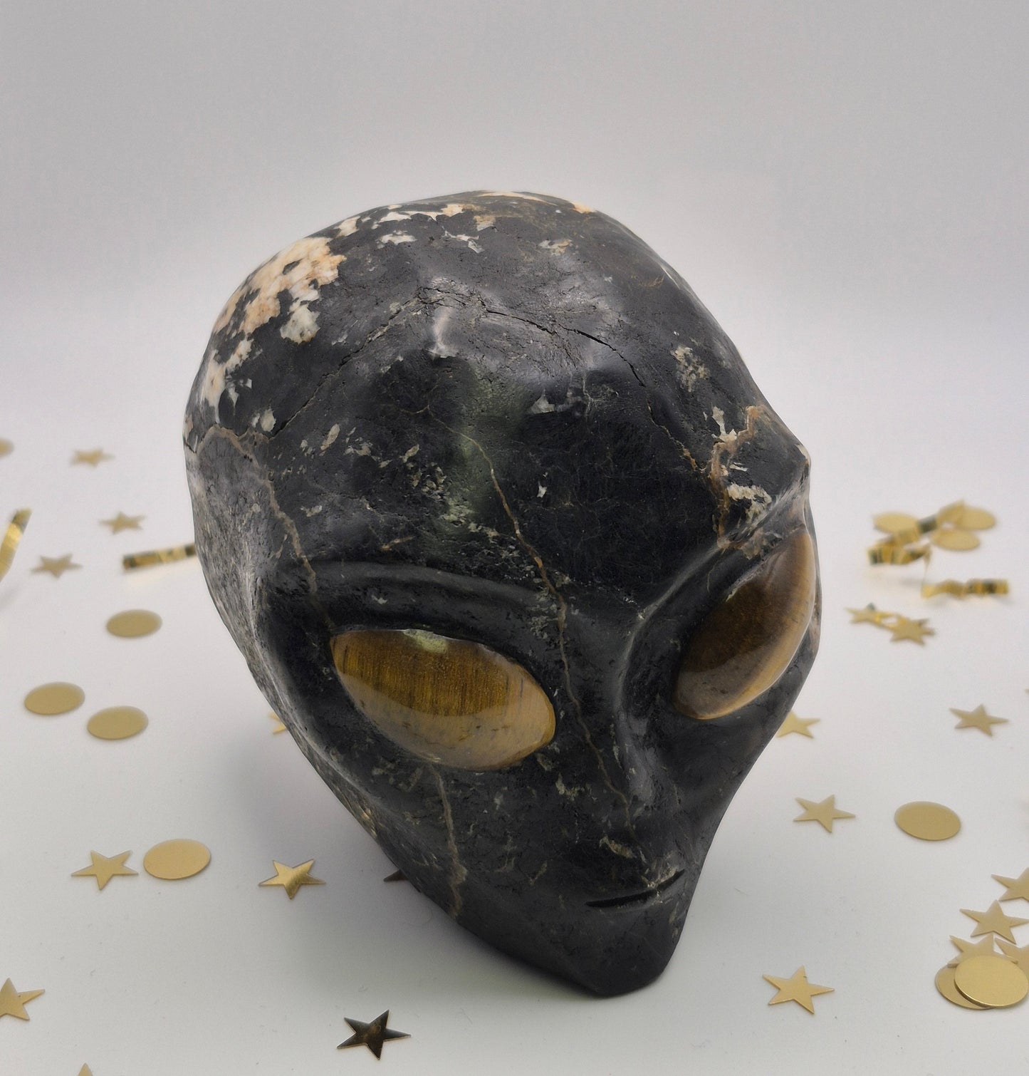 Tourmaline Alien Skull with Tiger's Eye Eyes